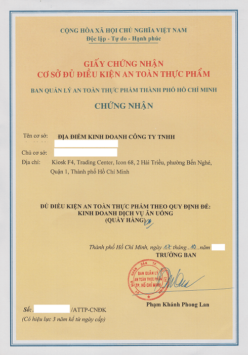 GIẤY PHÉP AN TOÀN VỆ SINH THỰC PHẨM CHO NHÀ HÀNG